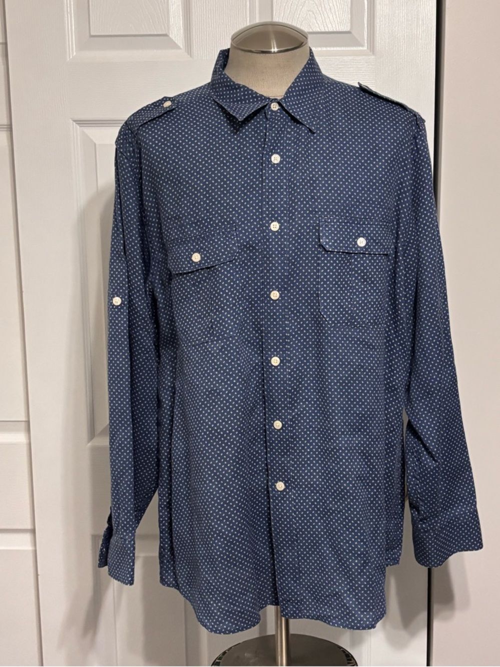Lucky Brand Navy Blue Dot-Print Casual Button-Down Men’s Dress Shirt Size XL